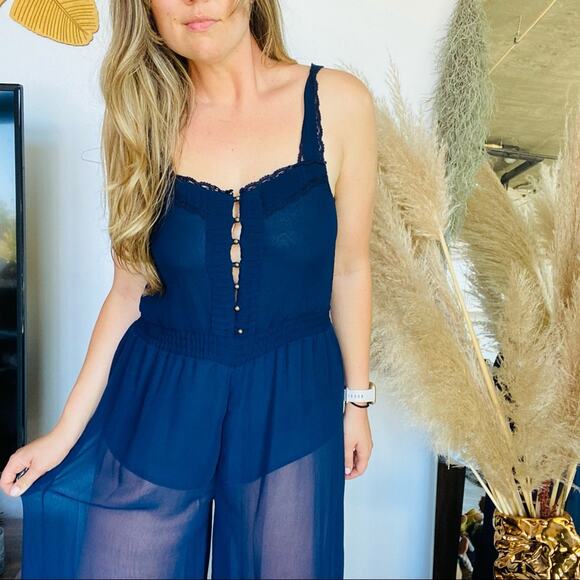 NEW FREE PEOPLE FP Blue Bells & Ruffles Tank Top Sheer Jumpsuit Flares Shorts XS - Picture 3 of 15